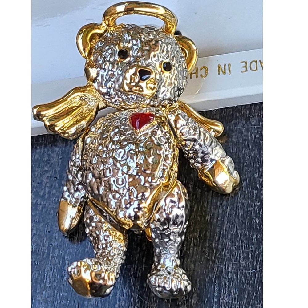 Vintage Articulated Silver-Tone Angel Bear Brooch Pendant Combo
